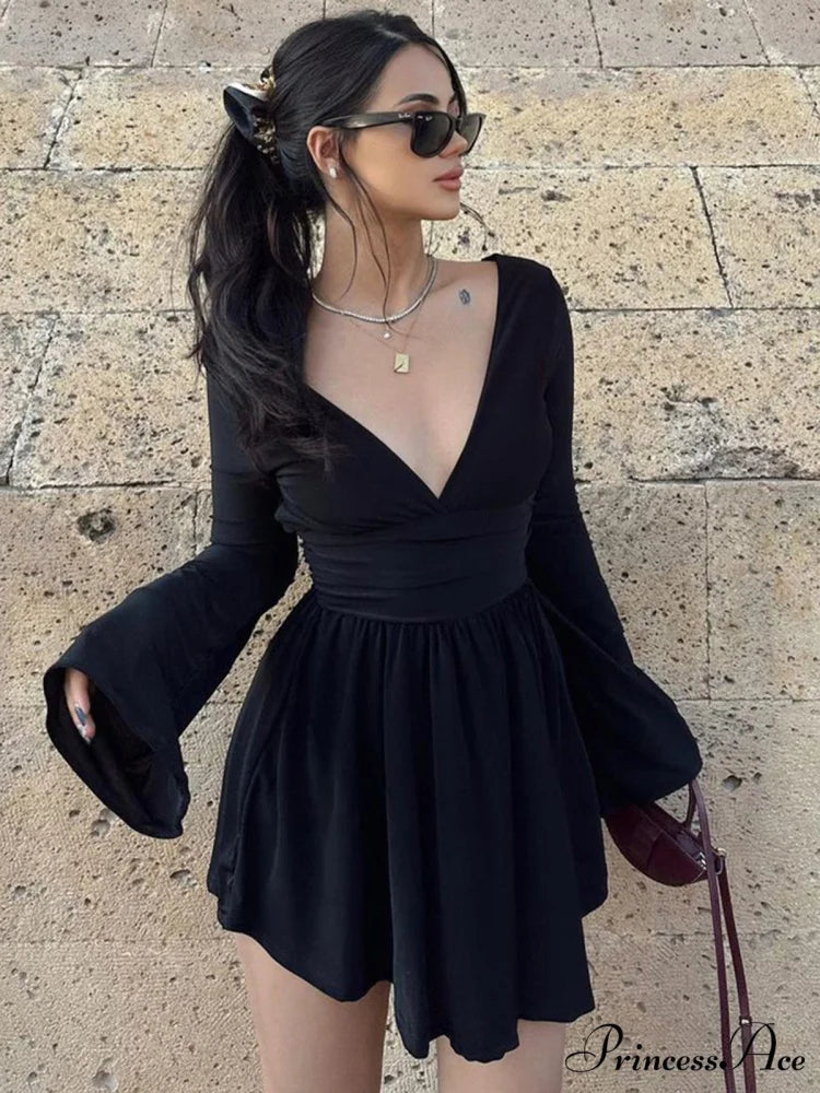 Effortless Plunge Graceful Skater Short Dress Black / S