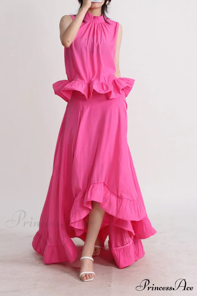 Elaine Pink Sleeveless Charming Ruffle Mermaid Set S / Pink