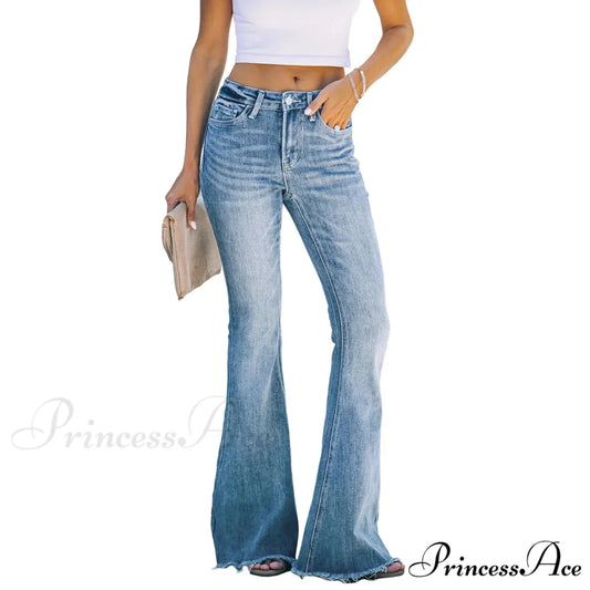 Elastic Flare Women Casual High Waist Slim Fit Denim Vintage Washed Pocket Women’s Fashion Flared Jean Blue / S