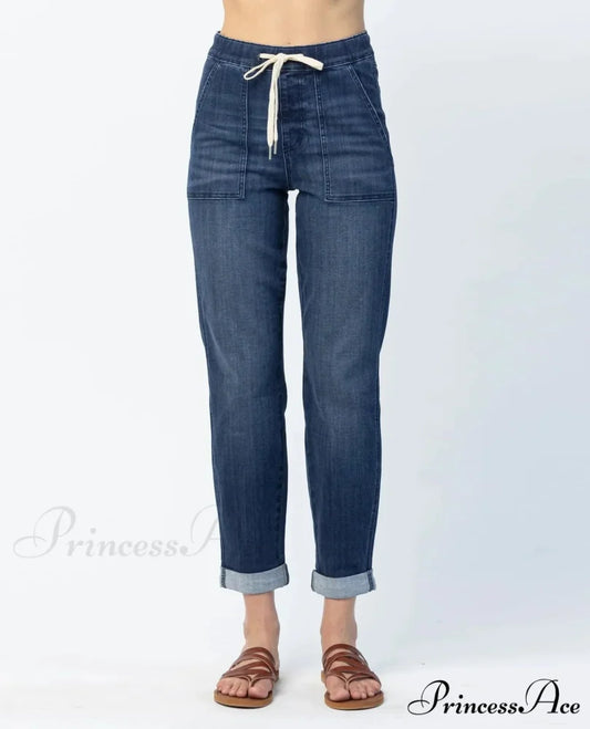 Elastic Skinny Pencil Casual Denim Drawstring High Waist Women’s Fashionable Jean Dark Blue / XS