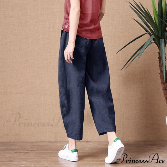Elastic Waist Vintage Lady Loose Casual Pants Dark Blue / S