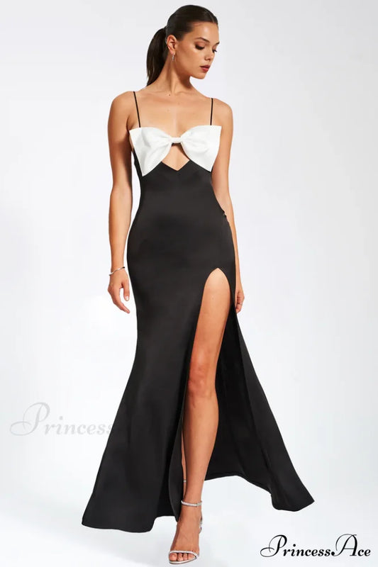 Eleanor Black & Charming White Bow Satin Gown