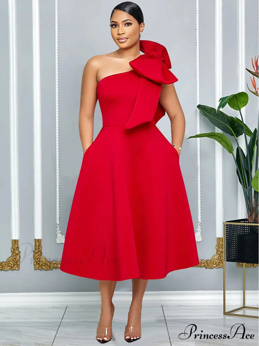 Elegant A Line Pleated One Shoulder Bow Red Christmas Party Dress red / S