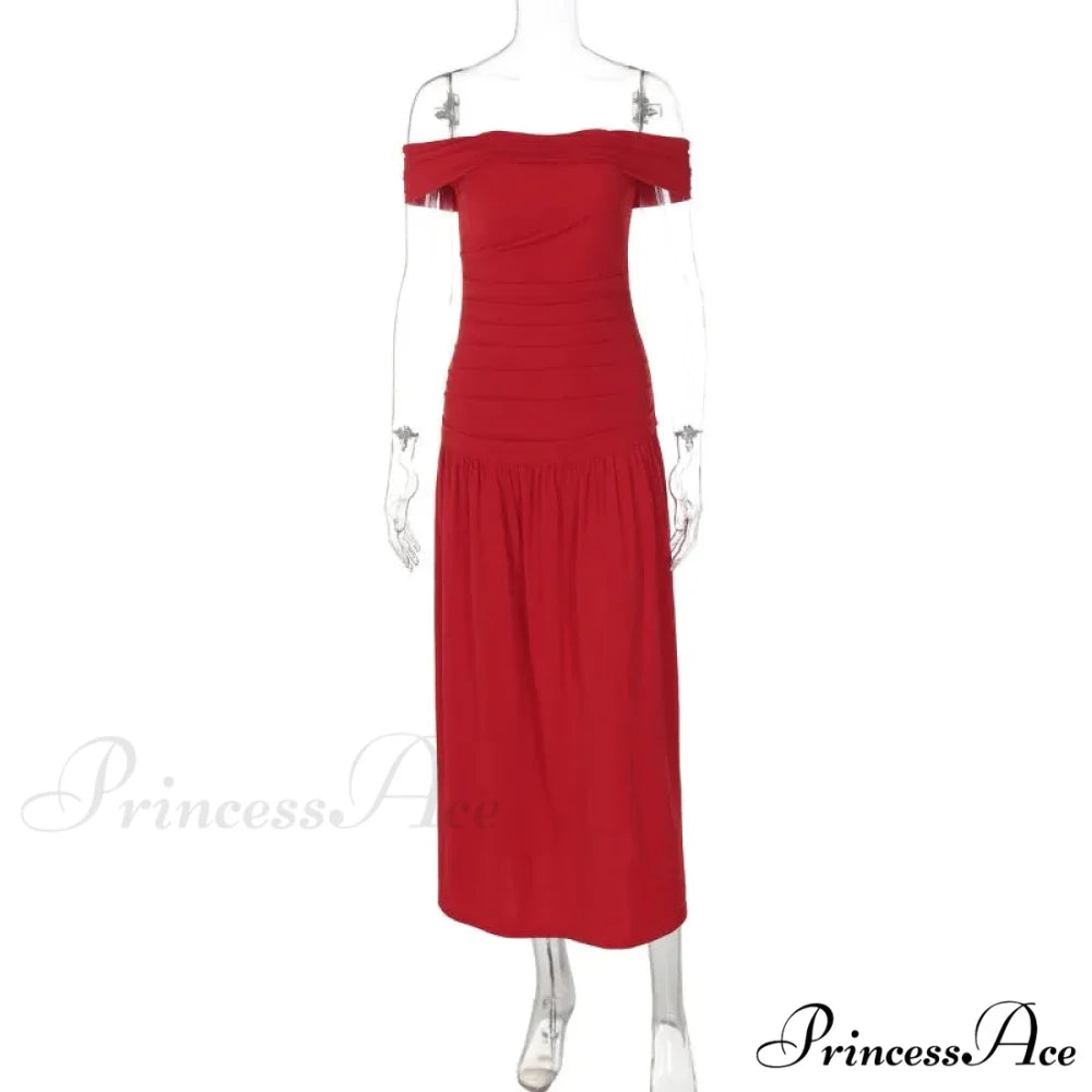 Elegant Backless Patchwork Long Red Sleeveless Bandeau Solid Pleated Wide Skirt Christmas Party Dress Red / S
