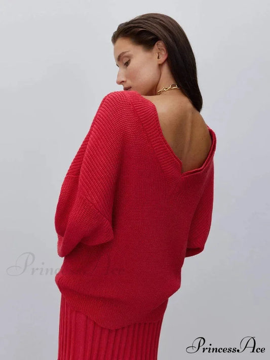 Elegant Backless Sexy Cut Out Long Sleeve Casual Christmas Sweater red / S