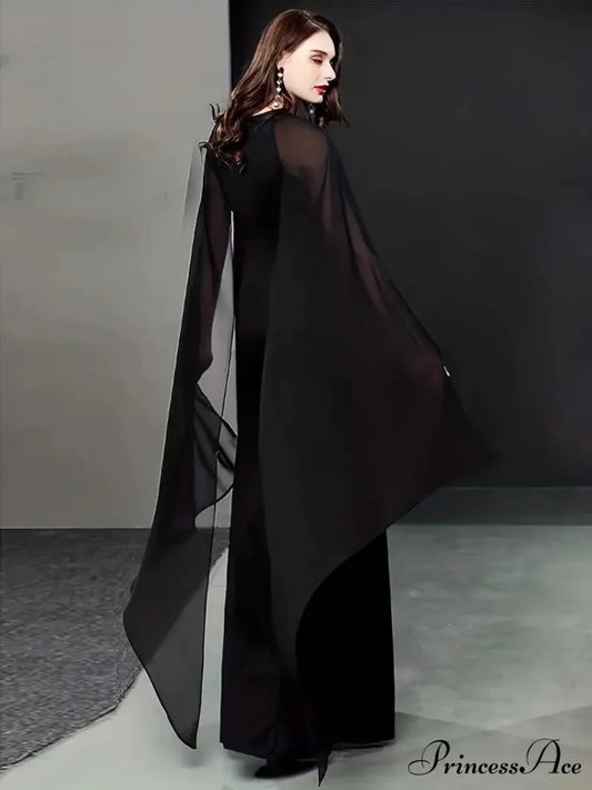 Elegant Black Chiffon Maxi Evening Party Dress with Long Sleeves