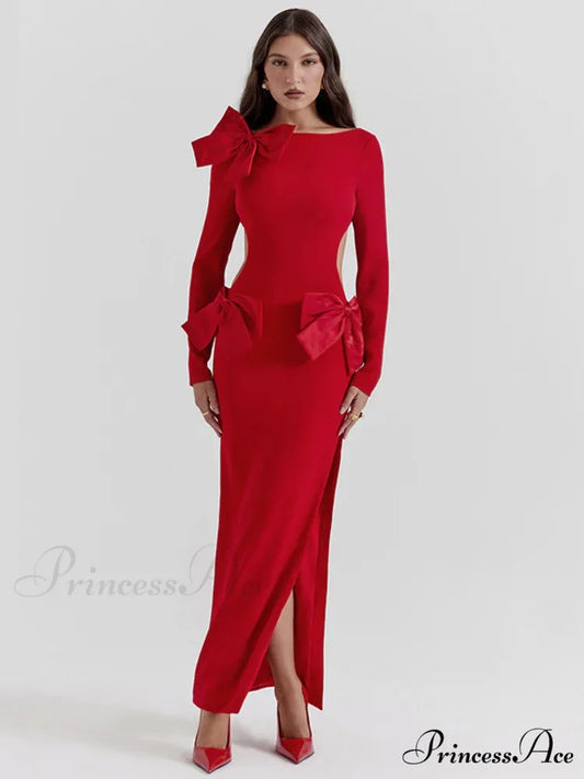 Elegant Bow Backless Sexy Chic Maxi Christmas Party Dress Red / S