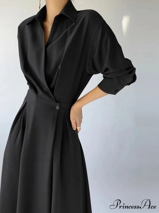 Elegant Casual A-Line Long Sleeve Slim Waist Black Vestidos Dress Black / S