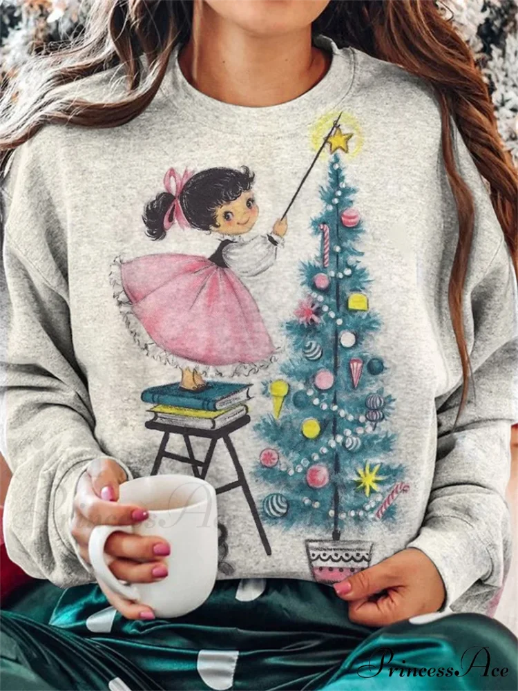 Elegant Casual Loose Round Neck Outdoor Autumn Winter Christmas Tree Hoodie white / XXS Christmas Hoodies-L