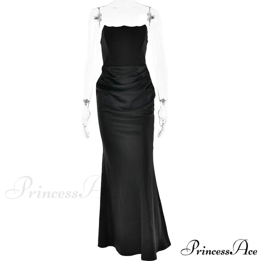 Elegant Corset Strap Neck Backless Maxi Red Christmas Party Dress Black / S