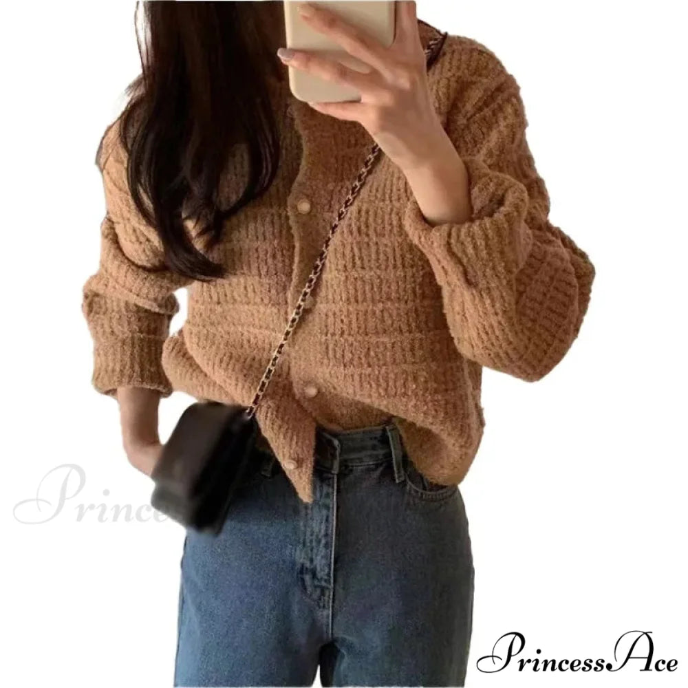 Elegant Cozy Tweed Knitted Loose Casual Solid Color Comfortable All-Match Sweater KHAKI / One Size