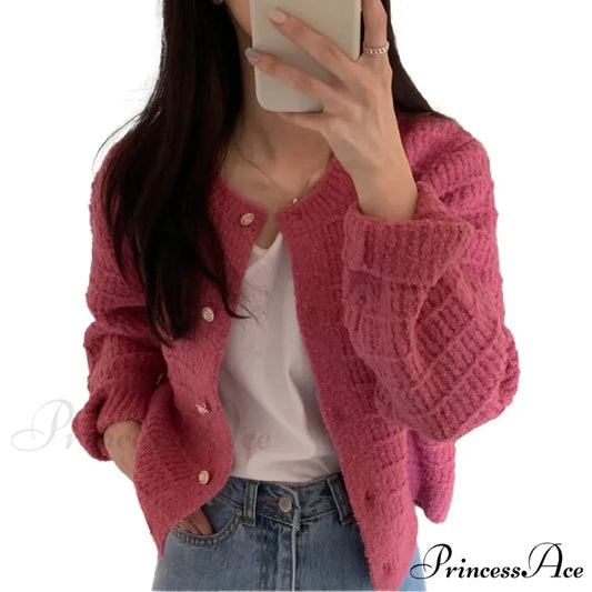 Elegant Cozy Tweed Knitted Loose Casual Solid Color Comfortable All-Match Sweater PINK / One Size