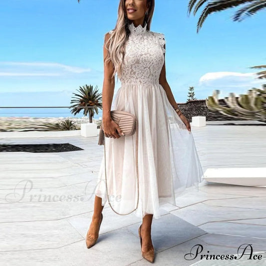 Elegant Crochet Lace Patchwork Flower Dress 01 White / S