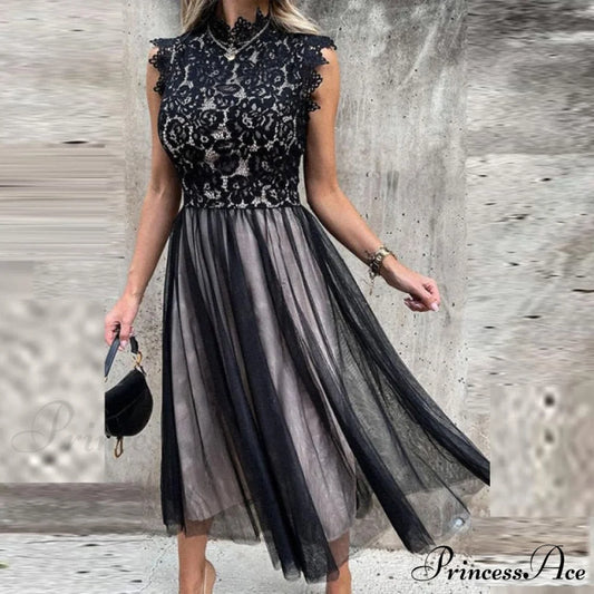 Elegant Crochet Lace Patchwork Flower Dress 02 Black / S