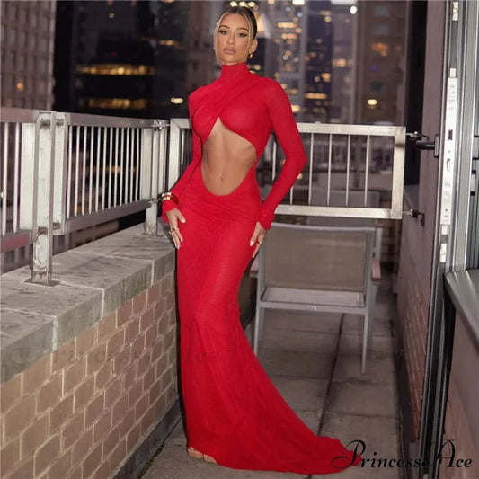 Elegant Cut Out Maxi Dress Party Club Long Sleeve Ruched Christmas Party Dress Red / S