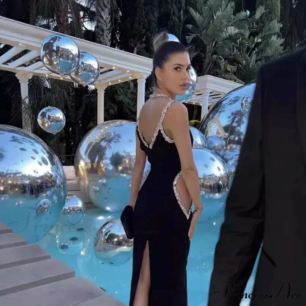 Elegant Ebony Sleeveless Crystal Halter Gown Prom Dress promdress-250223
