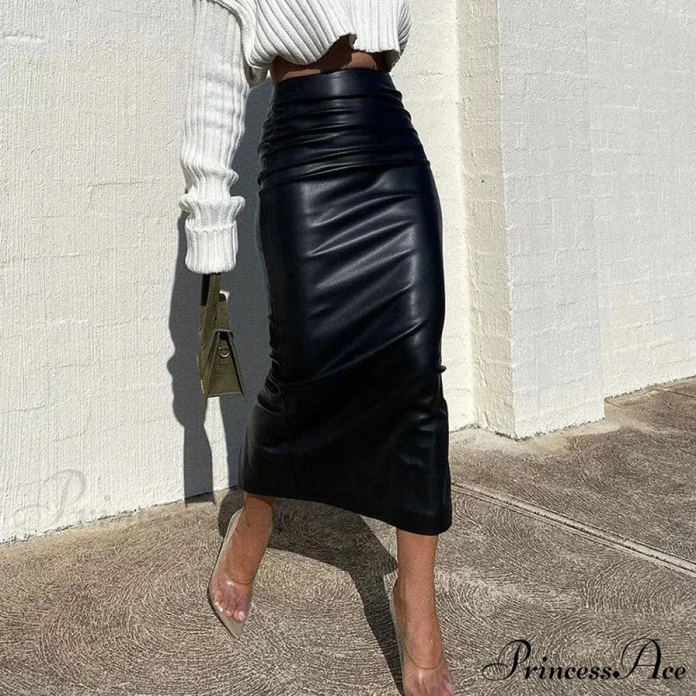 Elegant Fashion Ruched Slim High Waist PU Leather Black Trendy Midi Skirt Black / S