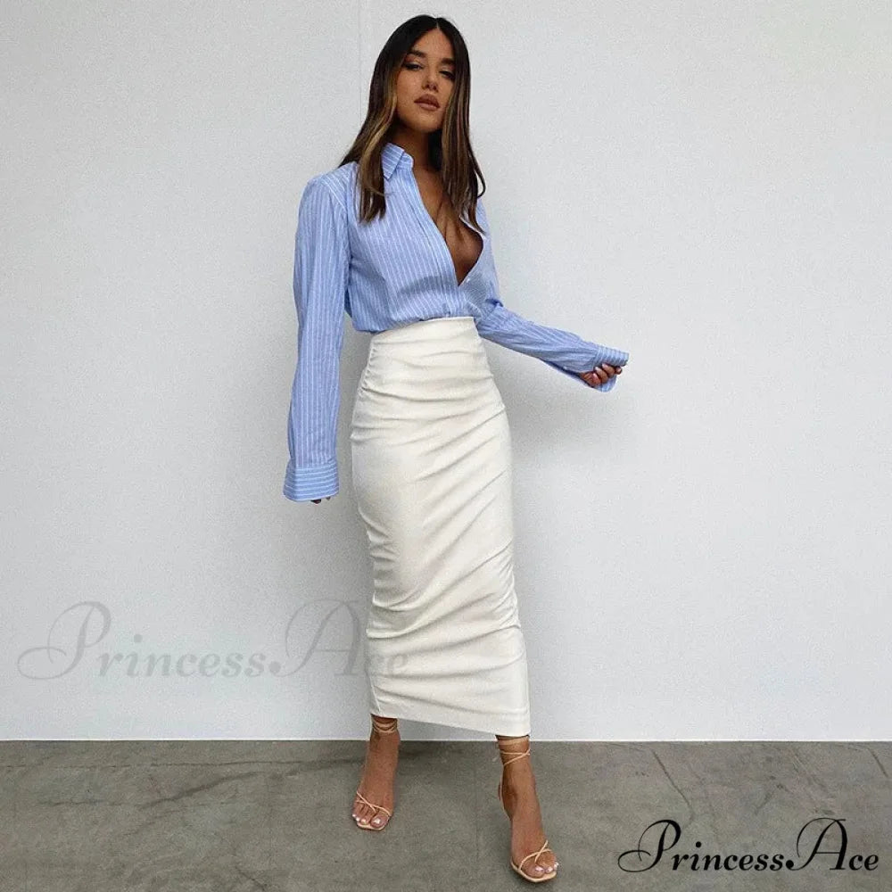 Elegant Fashion Ruched Slim High Waist PU Leather Black Trendy Midi Skirt White / S
