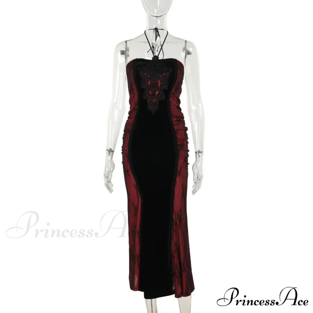 Elegant Fashion Tight Halter Mermaid Hot Sweet Corset Mesh Maxi Gothic Pleated Bodycon Party Gown Dress Red / S