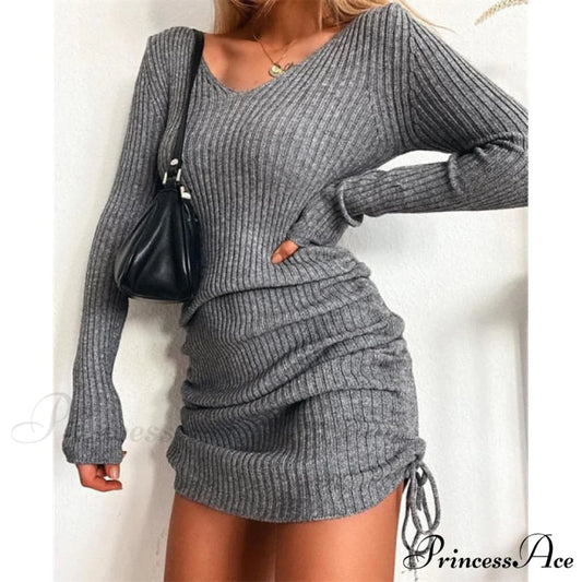 Elegant Fashion V-Neck Long Sleeve Bodycon Party Dresses gray / M