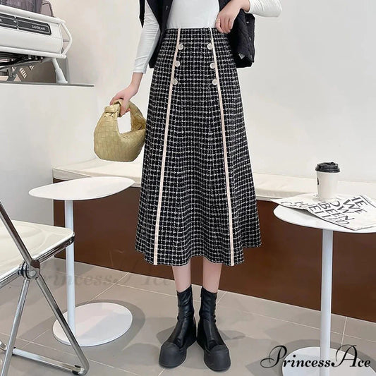 Elegant Fashionable Plaid High-Waisted New Trendy Autumn Winter A-line Swing Skirt Black / S