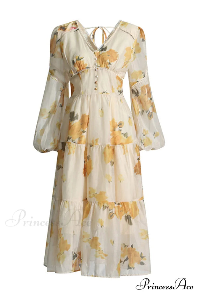 Elegant Floral Stylish Tea Dress S / Yellow Floral