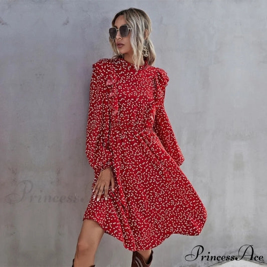 Elegant Full Sleeve High Waist Ladies Long Dress Red / XL