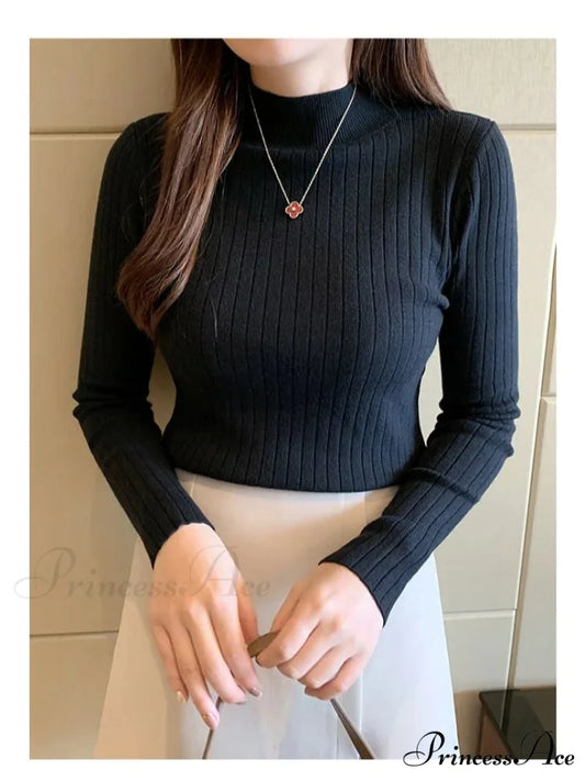 Elegant High-necked Solid Cashmere Jumper Stylish Knit Top BLACK / One Size knittop-250126