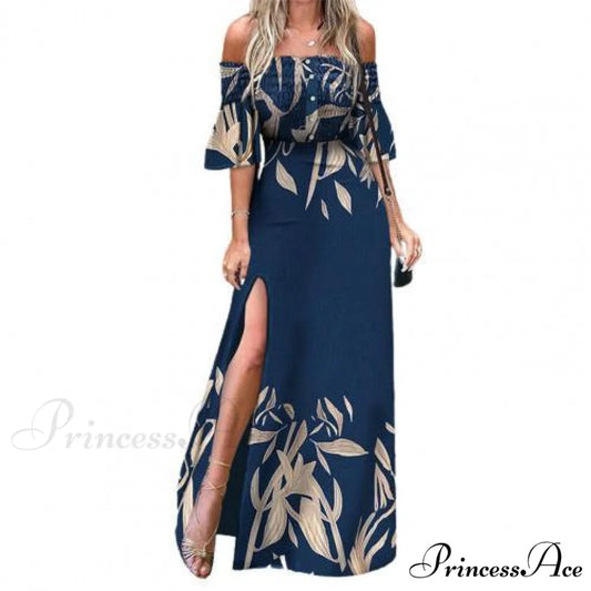 Elegant High Split Ruched Buttons Dress Blue / L