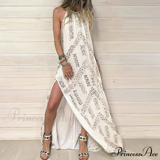 Elegant Lace Halter Backless Boho Dress WHITE / XS