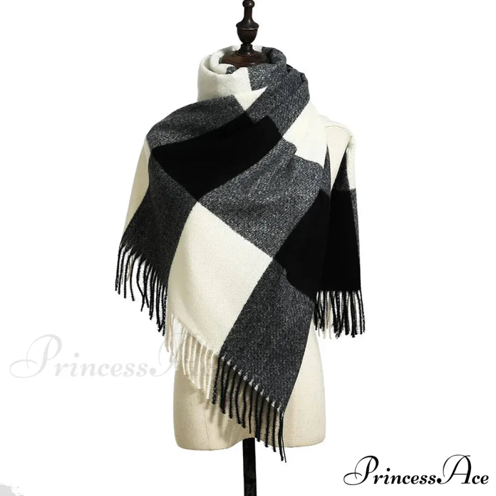 Elegant Lady Style Cashmere Tassel Luxury Scarf - Autumn Winter Striped Plaid BLACK - WHITE