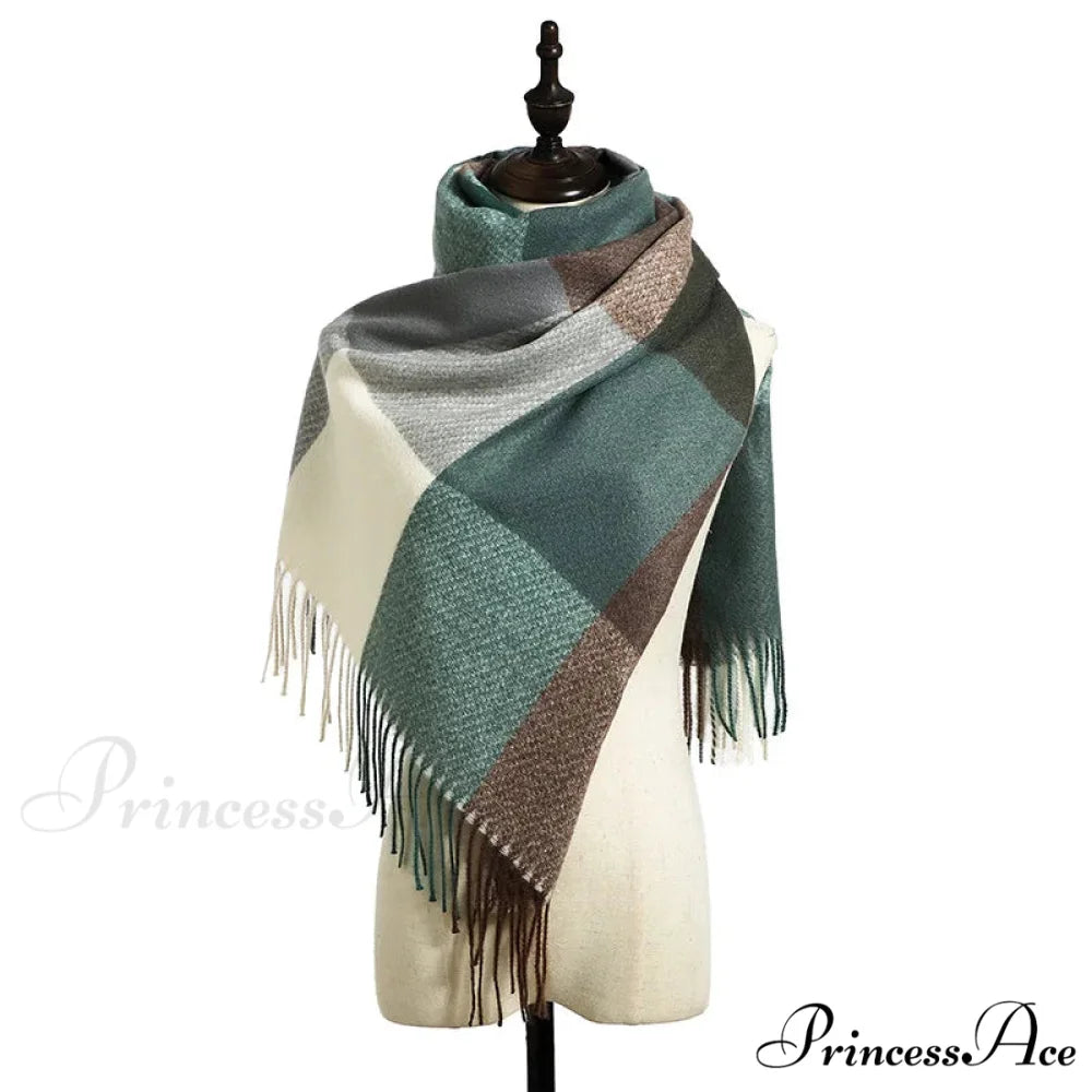 Elegant Lady Style Cashmere Tassel Luxury Scarf - Autumn Winter Striped Plaid GREEN