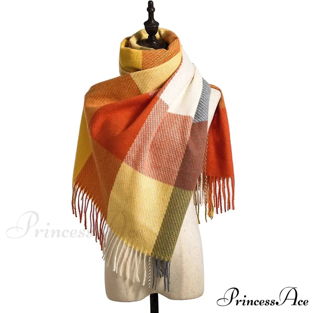 Elegant Lady Style Cashmere Tassel Luxury Scarf - Autumn Winter Striped Plaid ORANGE