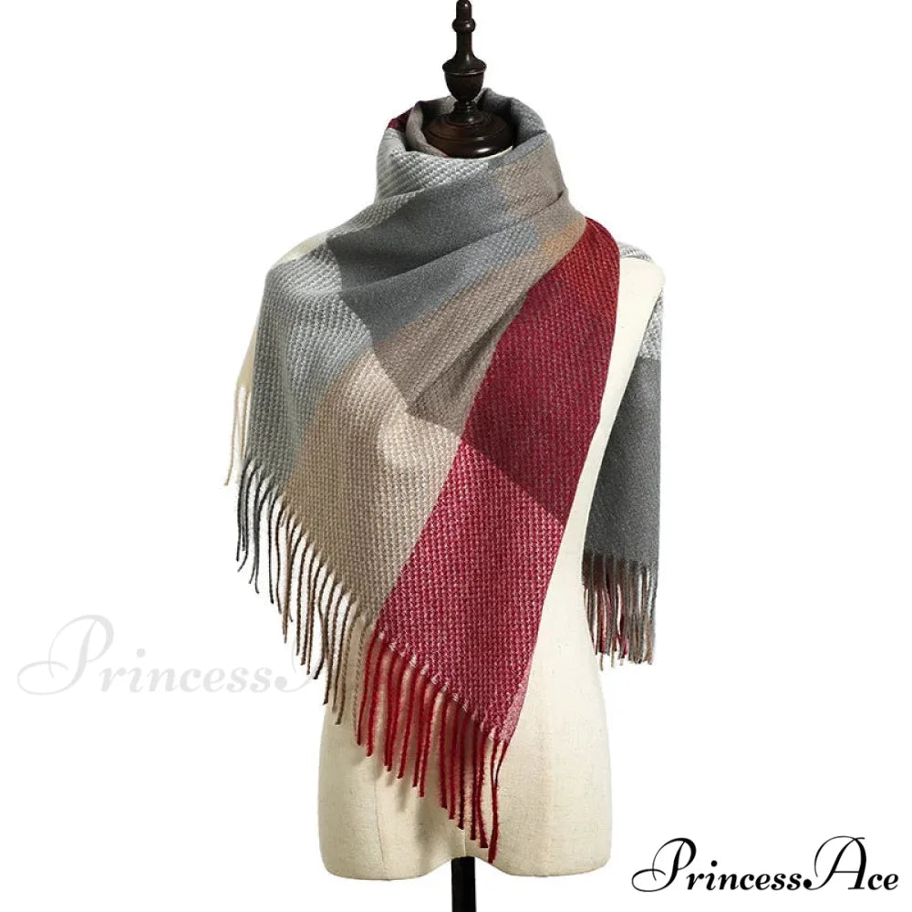 Elegant Lady Style Cashmere Tassel Luxury Scarf - Autumn Winter Striped Plaid RED