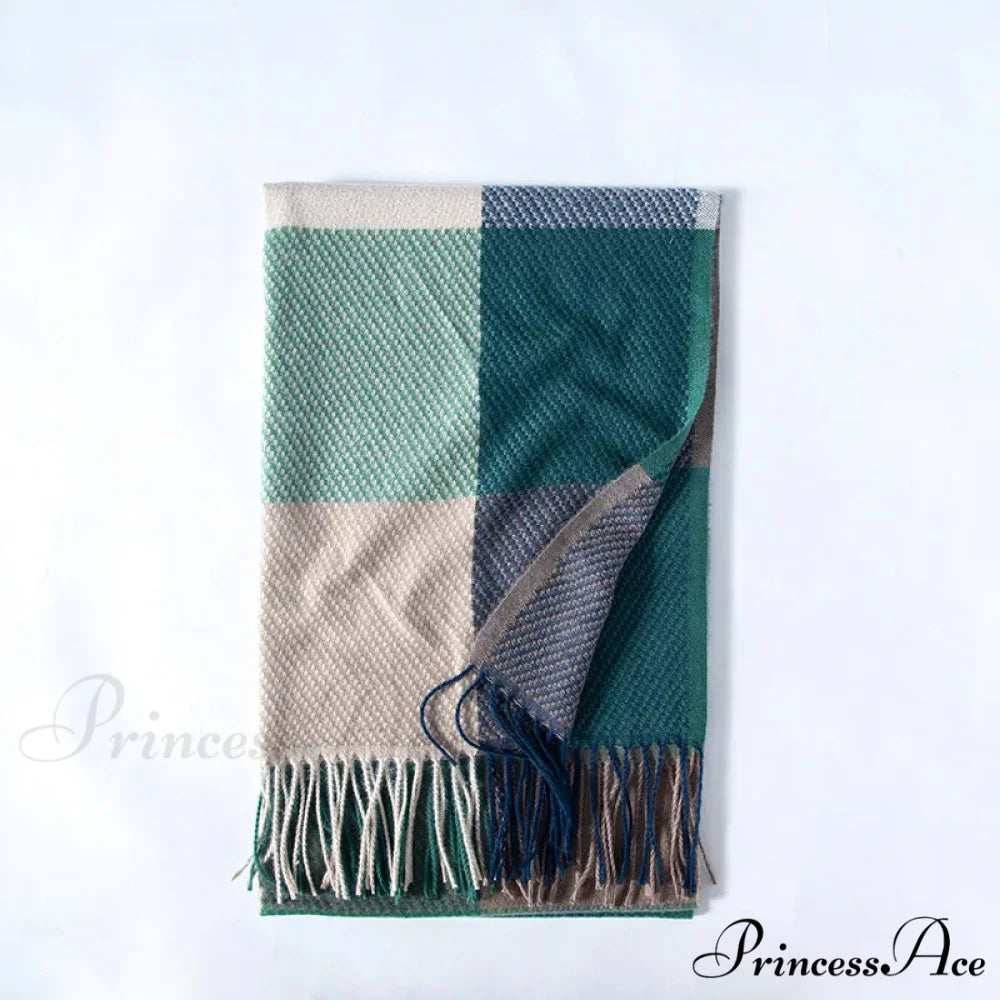 Elegant Lady Style Cashmere Tassel Luxury Scarf - Autumn Winter Striped Plaid Turquoise