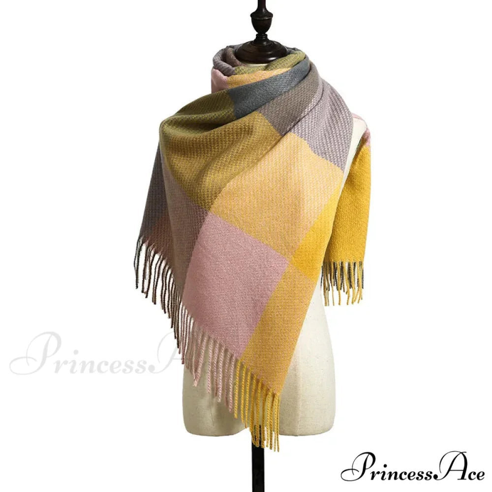 Elegant Lady Style Cashmere Tassel Luxury Scarf - Autumn Winter Striped Plaid YELLOW