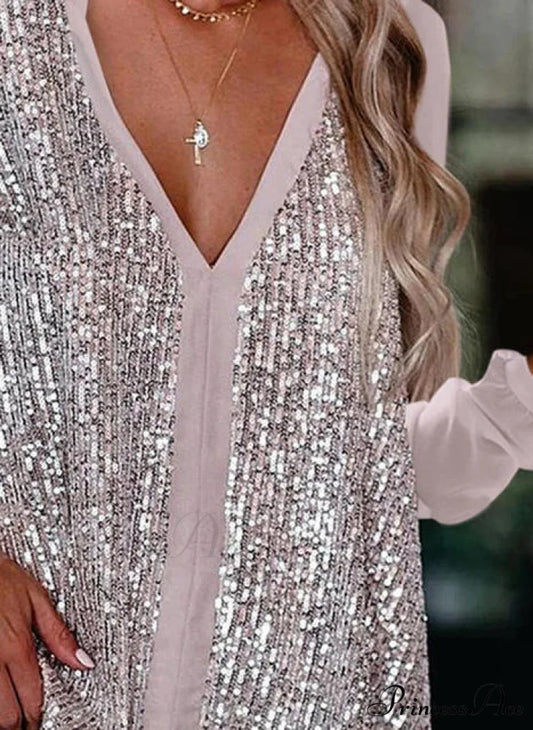 Elegant Long Sleeve Sequin Blouses Shirt Pink / S