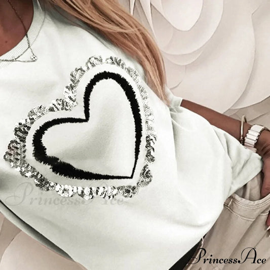 Elegant Long Sleeve Sequins Casual Pullover White02 / S