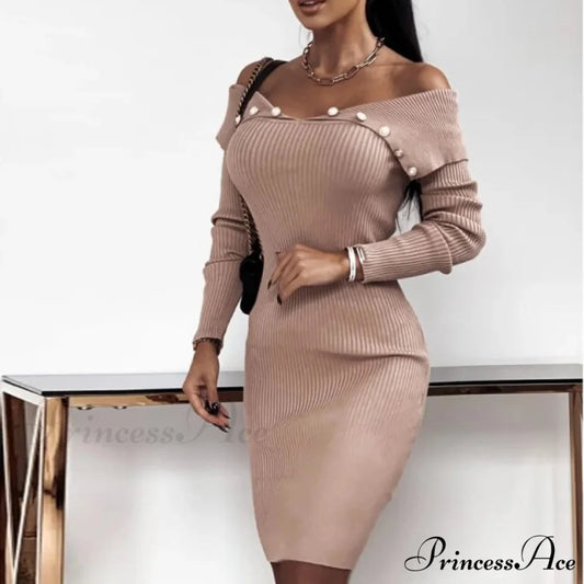 Elegant Long Sleeve Solid Office Lady Dresses Khaki / S
