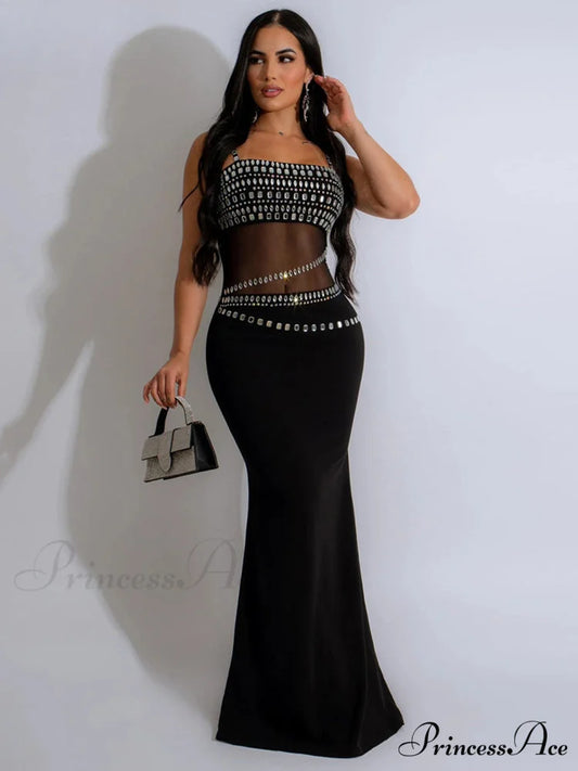 Elegant Mesh See Through Rhinestones Strap Sleeveless Red Christmas Party Dress black / S