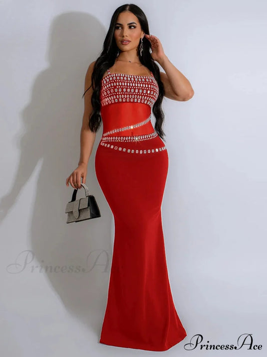 Elegant Mesh See Through Rhinestones Strap Sleeveless Red Christmas Party Dress red / S