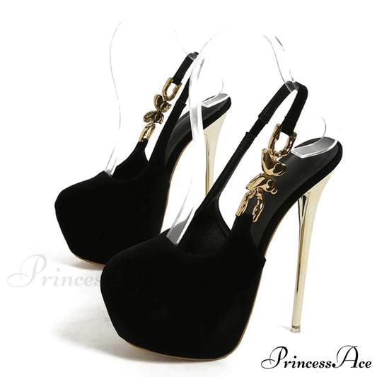 Elegant Metal Butterfly-Chain Back-Strap Extreme High Platform Prom Wedding Sexy Pumps High Heel Black / 35