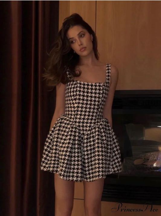 Elegant Mini Dress - Summer Sleeveless Houndstooth Strap