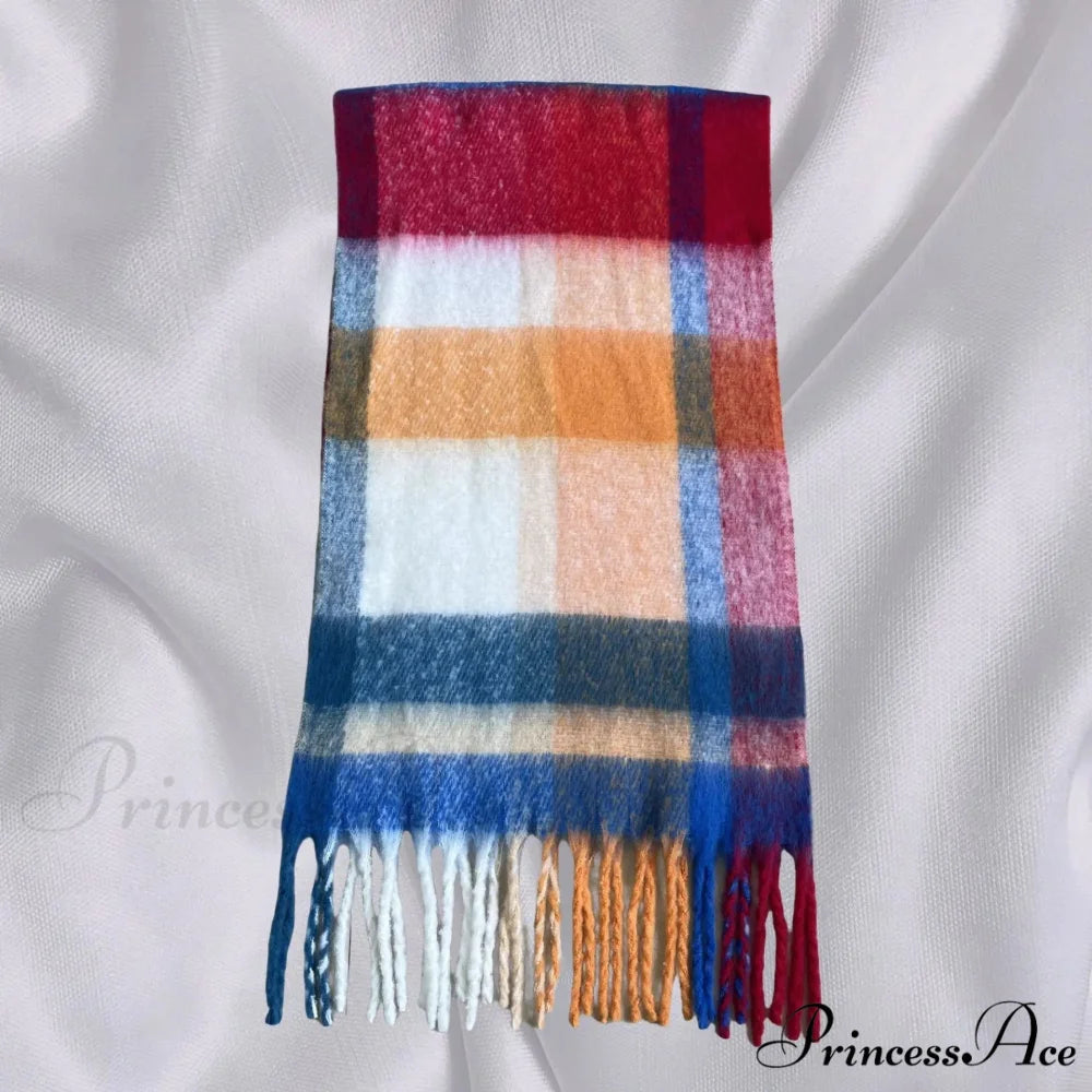 Elegant Minimalist Plaid Long Shawl Thickened Warm Scarf for Women Blue red / L231cm W53cm