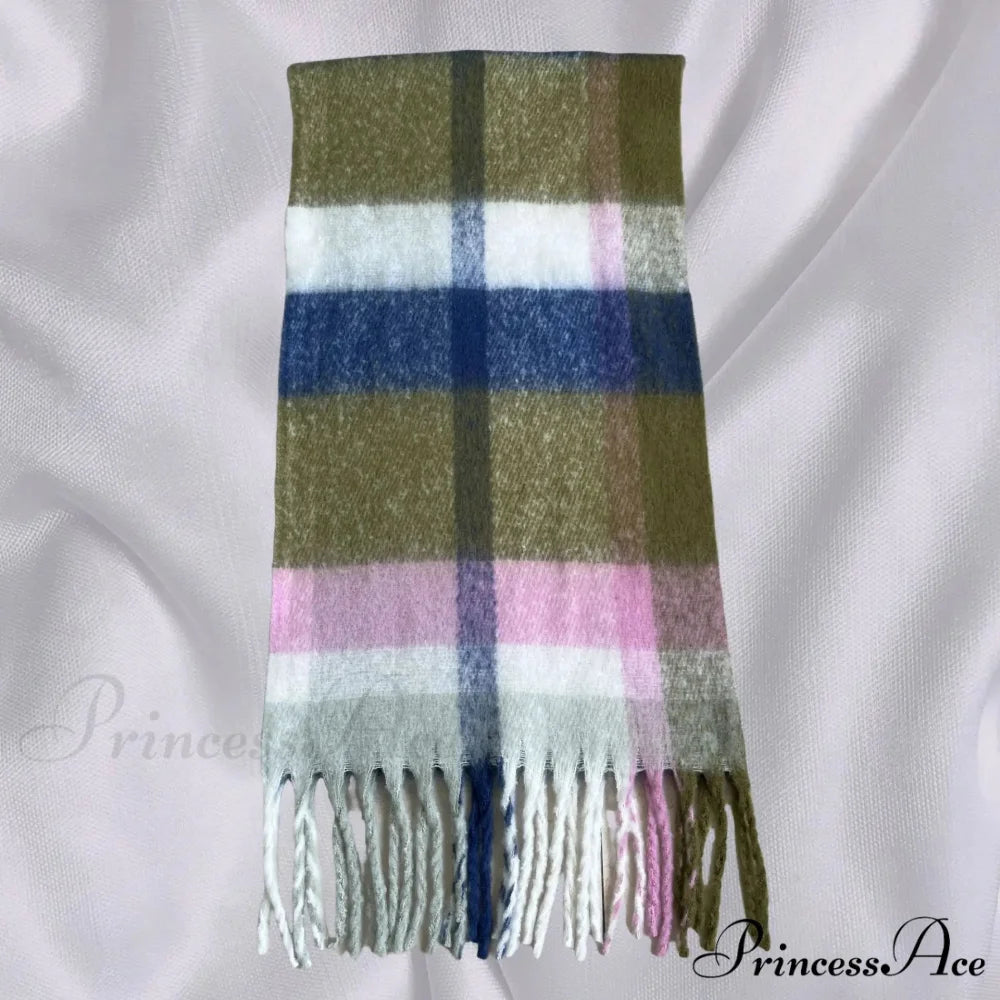 Elegant Minimalist Plaid Long Shawl Thickened Warm Scarf for Women Green Pink / L231cm W53cm