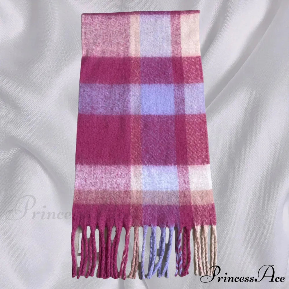 Elegant Minimalist Plaid Long Shawl Thickened Warm Scarf for Women Pink red / L231cm W53cm