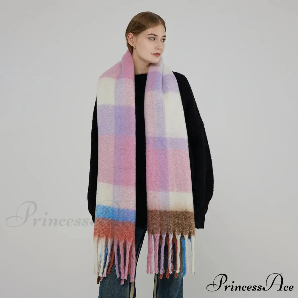 Elegant Minimalist Plaid Long Shawl Thickened Warm Scarf for Women Purple pink / L231cm W53cm