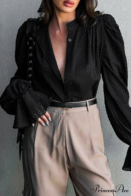 Elegant Neckline Mandarin - Flounce Blouse Solid 3 Color Options Black / S