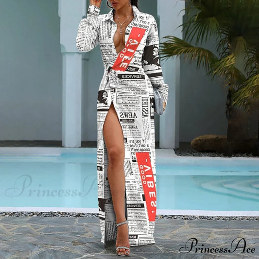 Elegant Newspaper Printed Shirt Dress 01 White / S