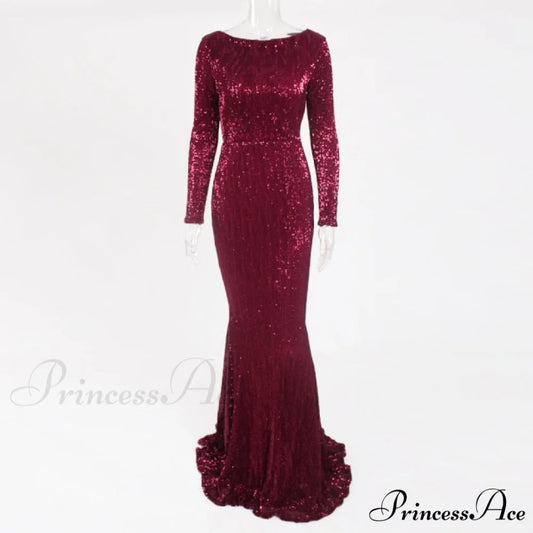 Elegant O Neck Long Sleeve Sequin Maxi Dress Burgundy / S